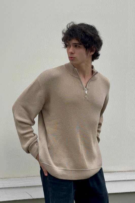 100% Royal Alpaca Quarter-Zip Sweater - Beige